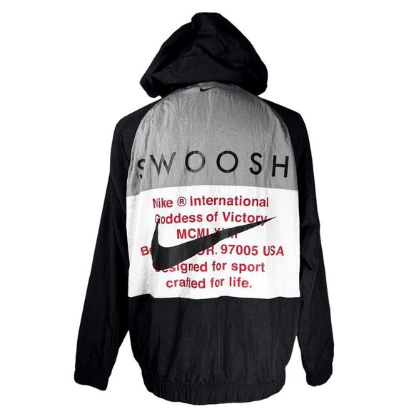 Vintage 90s Nike Double Swoosh Windbreaker Jacket Black Hooded Spell Out Medium - Picture 2 of 10